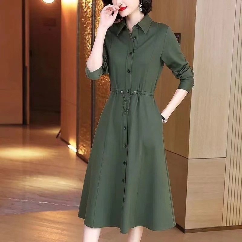 Plus size ženska haljina-košulja za proljeće i jesen 2025, elegantan struk, midi duljina, retro stil