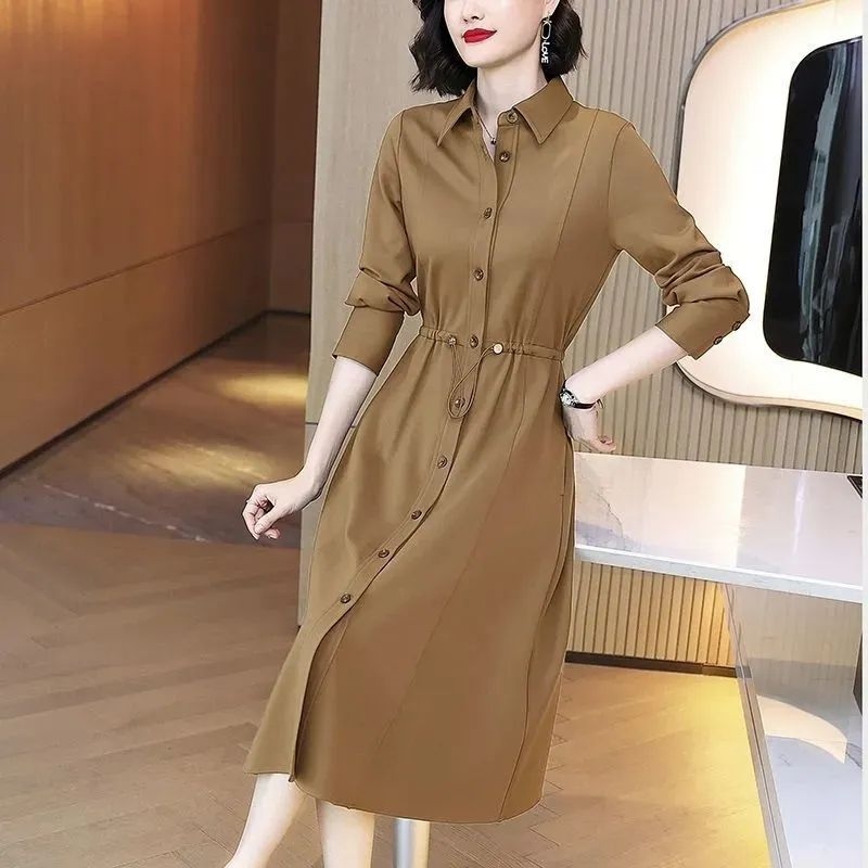 Plus size ženska haljina-košulja za proljeće i jesen 2025, elegantan struk, midi duljina, retro stil