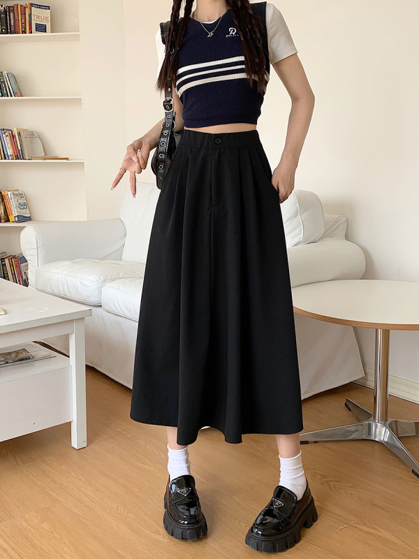Korejski stil, srednja duljina, visokim strukom, A-linija, plisirana suknja kišobran kroja, retro izgled