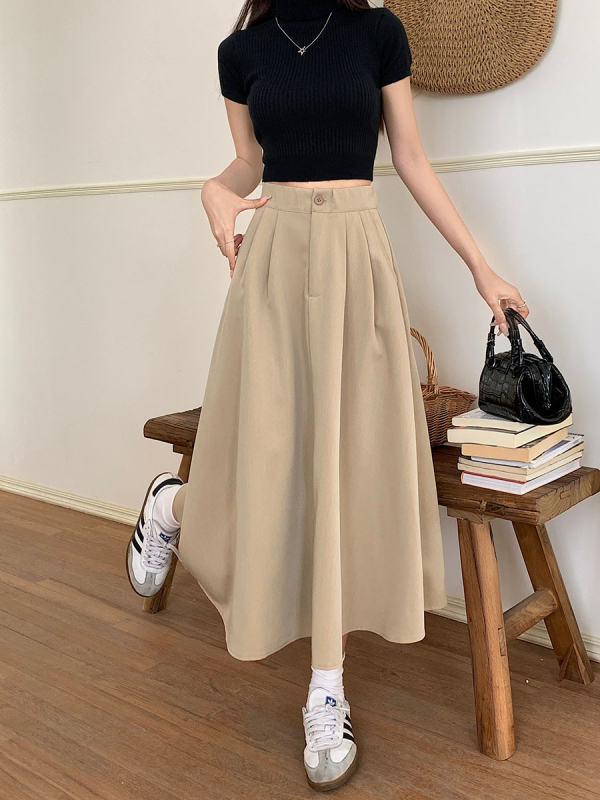 Korejski stil, srednja duljina, visokim strukom, A-linija, plisirana suknja kišobran kroja, retro izgled