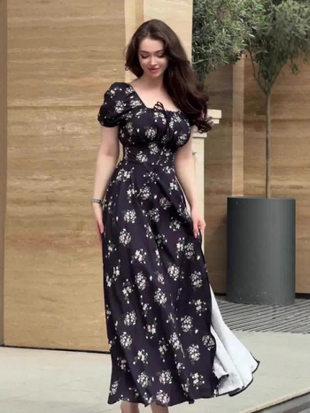 Ženska ljetna duga haljina s floralnim uzorkom, vintage sladak stil, kratki puf rukavi, kvadratni izrez, A-linijski kroj, od pamuk-poliester materijala