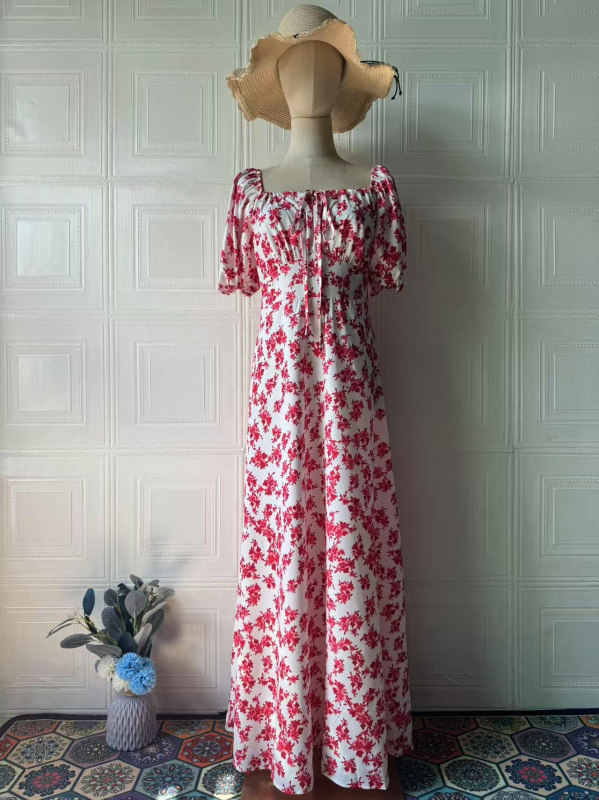 Ženska ljetna duga haljina s floralnim uzorkom, vintage sladak stil, kratki puf rukavi, kvadratni izrez, A-linijski kroj, od pamuk-poliester materijala