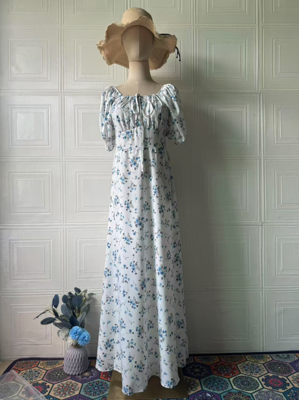 Ženska ljetna duga haljina s floralnim uzorkom, vintage sladak stil, kratki puf rukavi, kvadratni izrez, A-linijski kroj, od pamuk-poliester materijala
