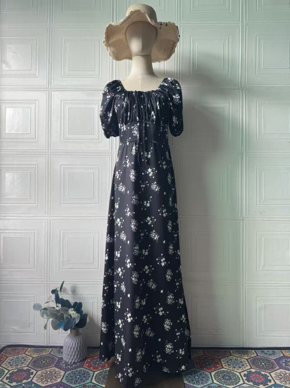 Ženska ljetna duga haljina s floralnim uzorkom, vintage sladak stil, kratki puf rukavi, kvadratni izrez, A-linijski kroj, od pamuk-poliester materijala