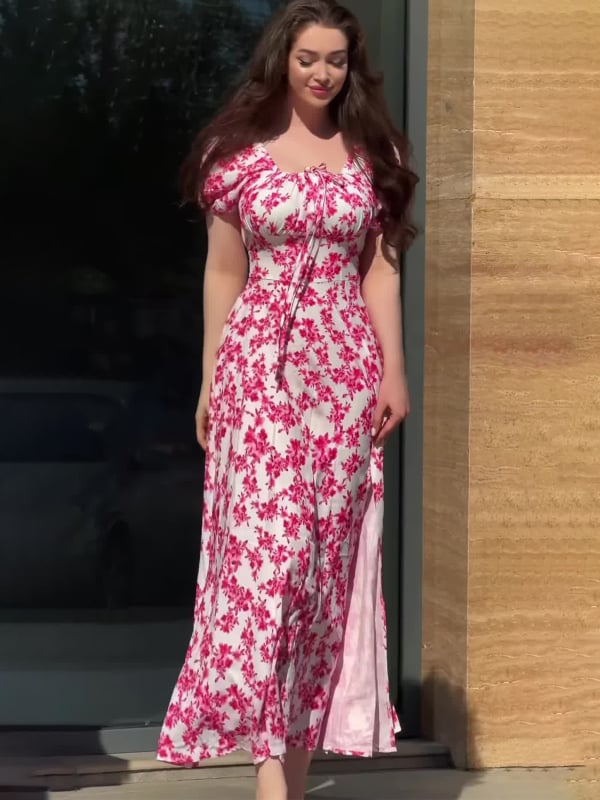 Ženska ljetna duga haljina s floralnim uzorkom, vintage sladak stil, kratki puf rukavi, kvadratni izrez, A-linijski kroj, od pamuk-poliester materijala