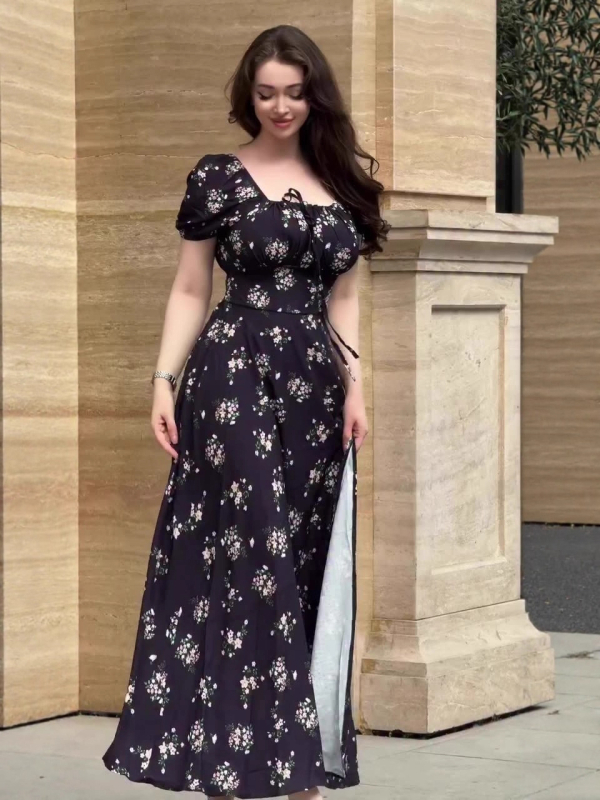 Ženska ljetna duga haljina s floralnim uzorkom, vintage sladak stil, kratki puf rukavi, kvadratni izrez, A-linijski kroj, od pamuk-poliester materijala