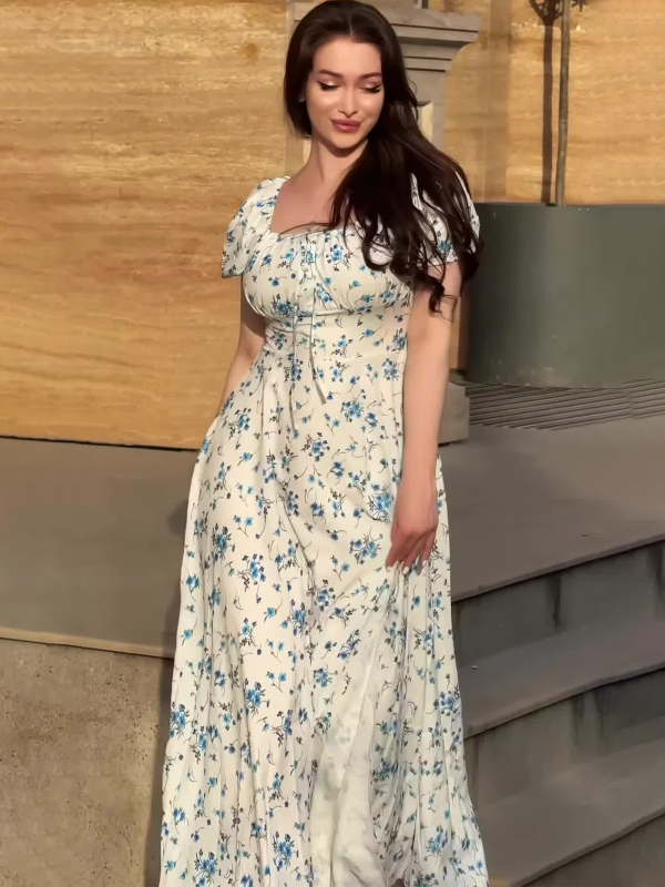Ženska ljetna duga haljina s floralnim uzorkom, vintage sladak stil, kratki puf rukavi, kvadratni izrez, A-linijski kroj, od pamuk-poliester materijala
