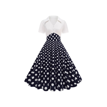 Haljina s kratkim rukavima, točkasti uzorak i patchwork, retro stil, midi duljina