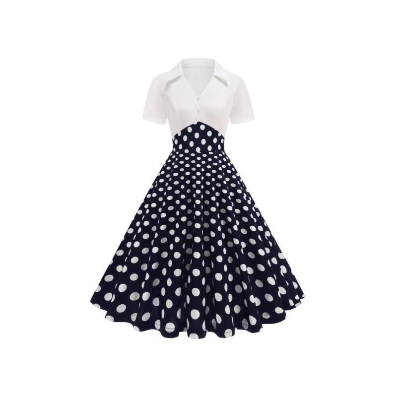 Haljina s kratkim rukavima, točkasti uzorak i patchwork, retro stil, midi duljina
