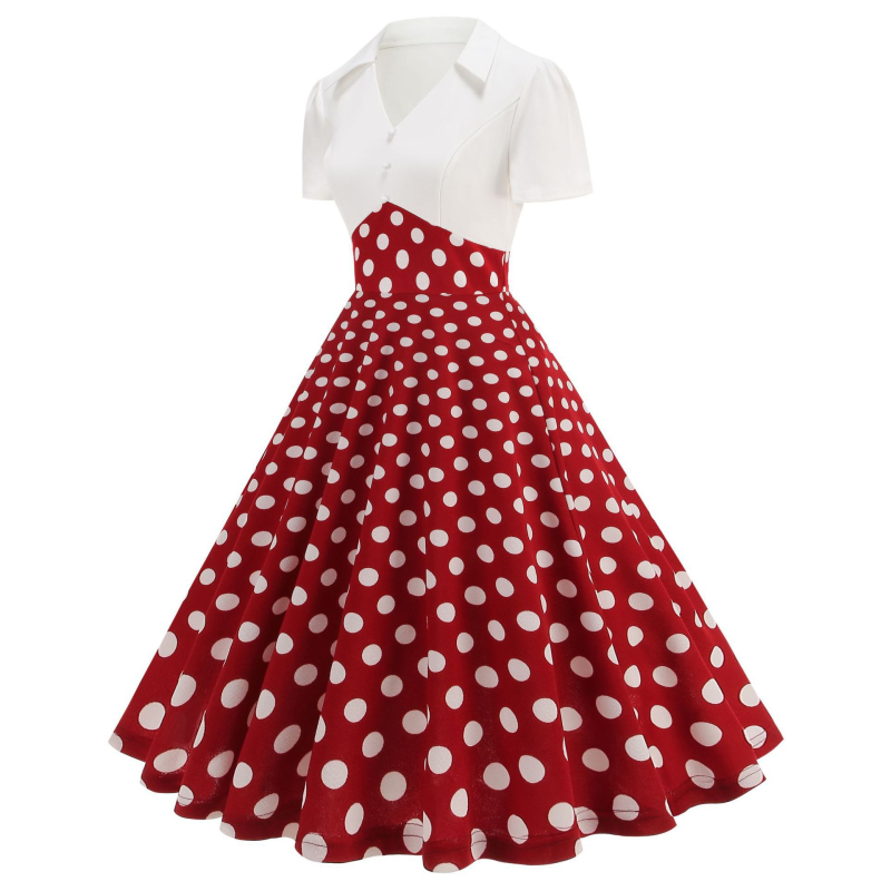 Haljina s kratkim rukavima, točkasti uzorak i patchwork, retro stil, midi duljina