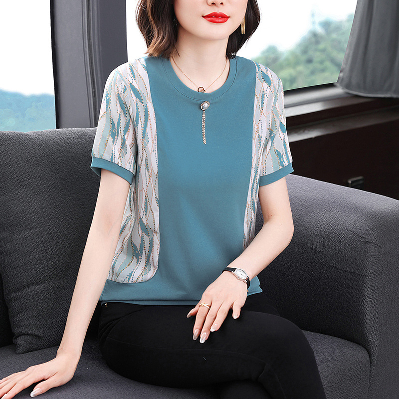 Ženski ljetni T-shirt kratkih rukava, udoban kroj, okrugli izrez, geometrijski uzorak, srednja duljina