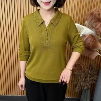 Ženski top s reverom, dugi rukavi, plus veličina, rhinestones dizajn