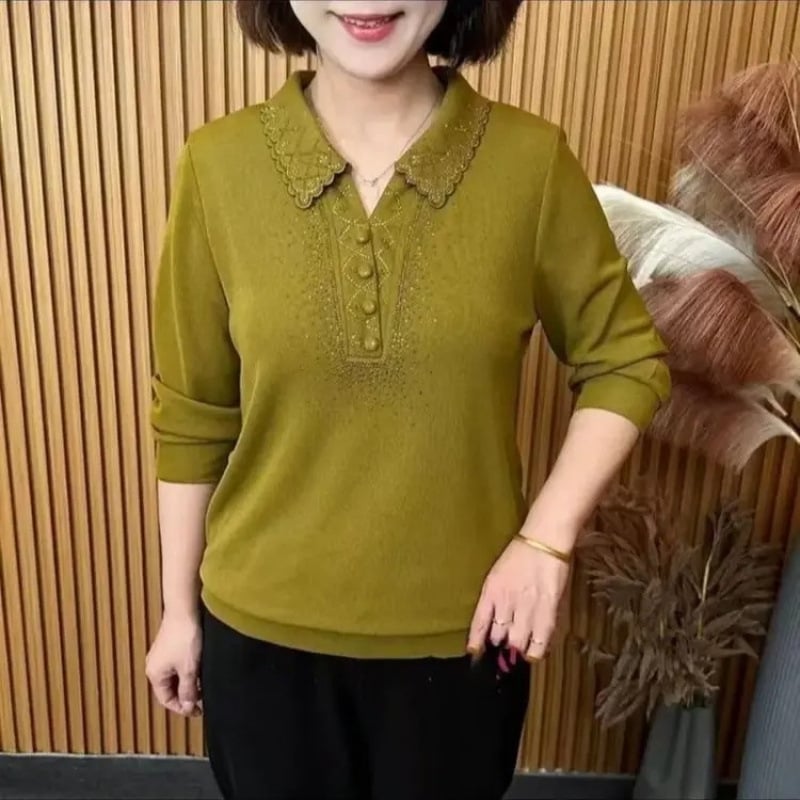 Ženski top s reverom, dugi rukavi, plus veličina, rhinestones dizajn