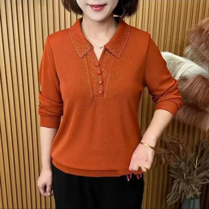Ženski top s reverom, dugi rukavi, plus veličina, rhinestones dizajn