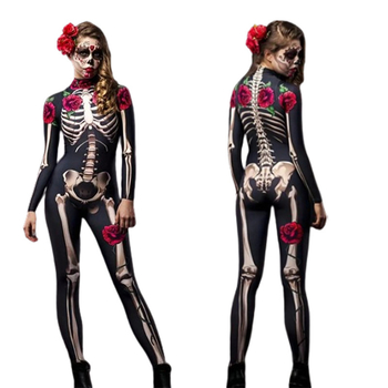 Halloween horor: lubanja i skelet s ružom, jumpsuit cosplay za žene