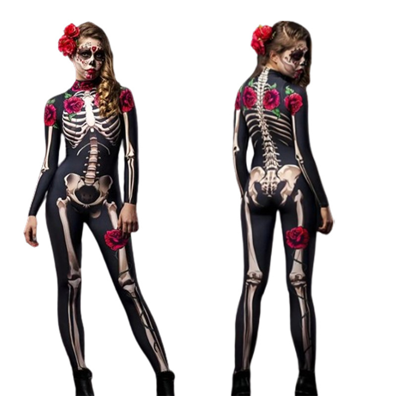 Halloween horor: lubanja i skelet s ružom, jumpsuit cosplay za žene