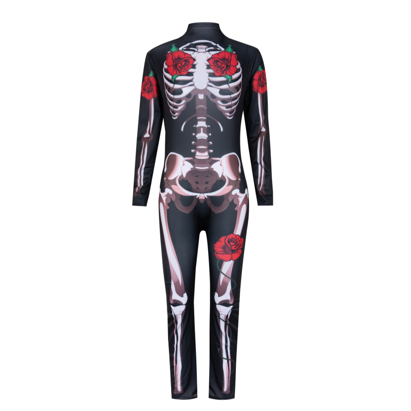 Halloween horor: lubanja i skelet s ružom, jumpsuit cosplay za žene