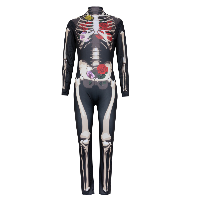 Halloween horor: lubanja i skelet s ružom, jumpsuit cosplay za žene