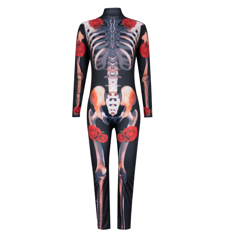 Halloween horor: lubanja i skelet s ružom, jumpsuit cosplay za žene