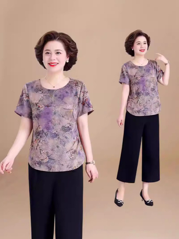 Ženski top plus veličine od ice silk, kratki rukavi, vintage cvjetni otisak, ljetni ležerni kroj, 50+