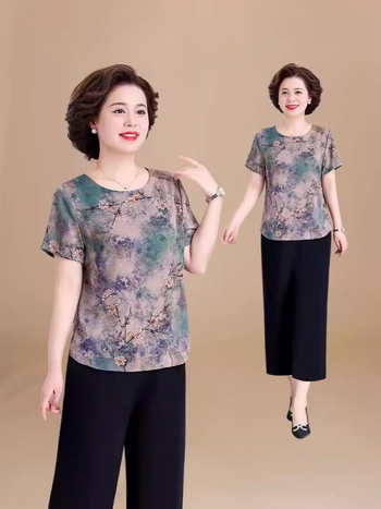 Ženski top plus veličine od ice silk, kratki rukavi, vintage cvjetni otisak, ljetni ležerni kroj, 50+