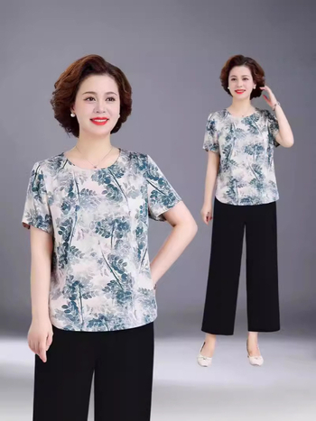 Ženski top plus veličine od ice silk, kratki rukavi, vintage cvjetni otisak, ljetni ležerni kroj, 50+