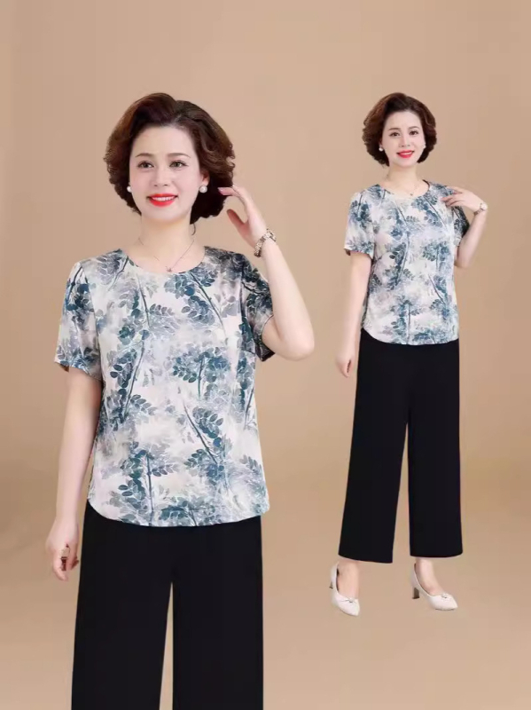Ženski top plus veličine od ice silk, kratki rukavi, vintage cvjetni otisak, ljetni ležerni kroj, 50+