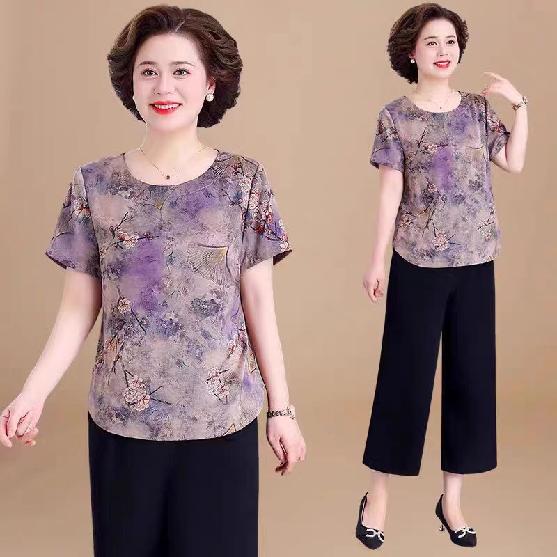 Ženski top plus veličine od ice silk, kratki rukavi, vintage cvjetni otisak, ljetni ležerni kroj, 50+