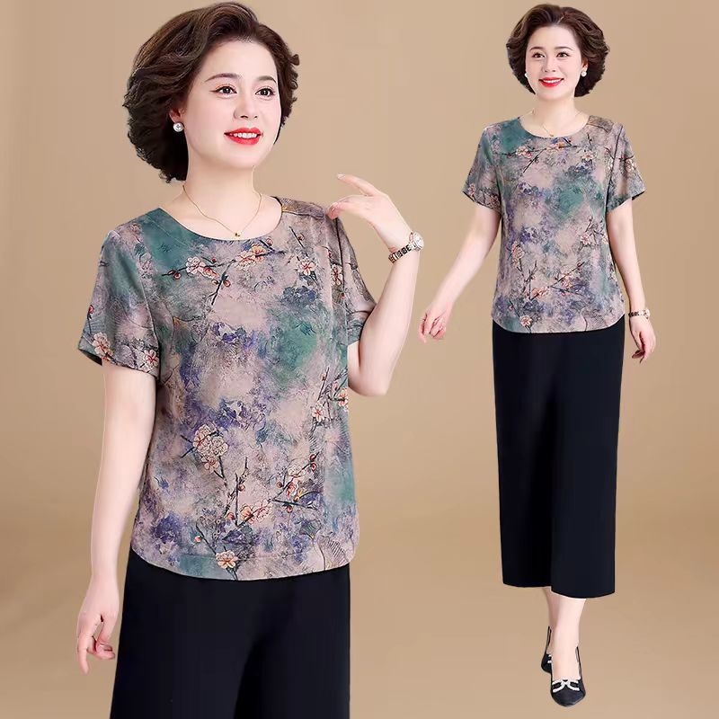 Ženski top plus veličine od ice silk, kratki rukavi, vintage cvjetni otisak, ljetni ležerni kroj, 50+