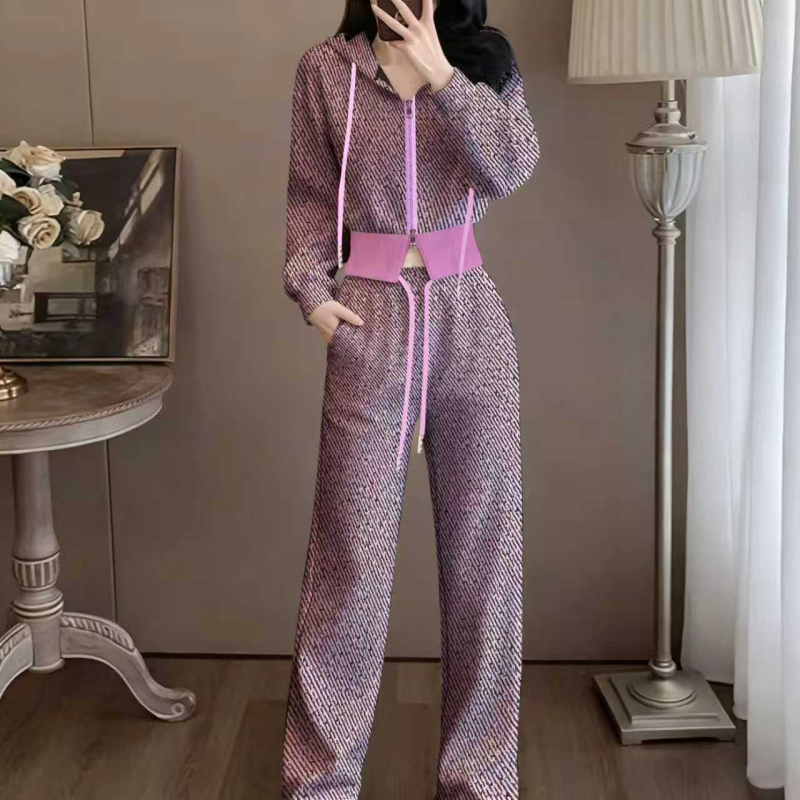 Ženski korejski stil s kapuljačom sportki set za proljeće i jesen; elegantan europski stil; široke hlače u zapadnom stilu; dvodjelni set