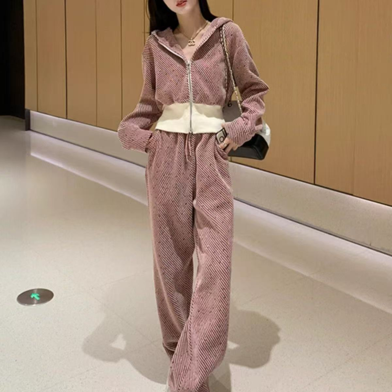 Ženski korejski stil s kapuljačom sportki set za proljeće i jesen; elegantan europski stil; široke hlače u zapadnom stilu; dvodjelni set