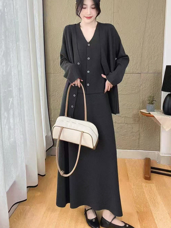 Elegantni ženski pleteni trodijelni set za jesen-zimu: udoban kardigan, suknja i prsluk