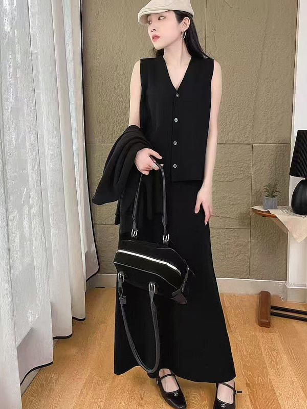 Elegantni ženski pleteni trodijelni set za jesen-zimu: udoban kardigan, suknja i prsluk
