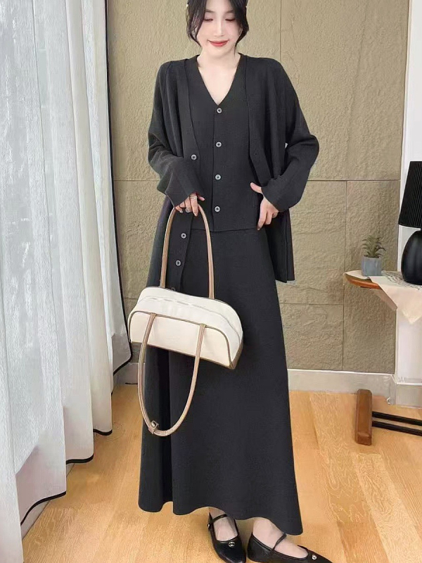Elegantni ženski pleteni trodijelni set za jesen-zimu: udoban kardigan, suknja i prsluk
