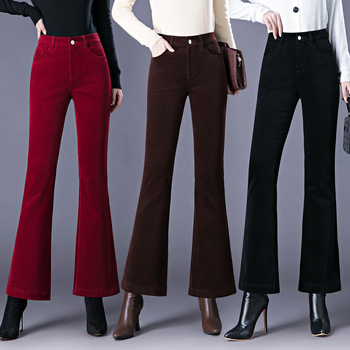 Ženske hlače s visokim pojasom od korduroja, debeli materijal, bootcut kroj, jesen-zima, korejski stil