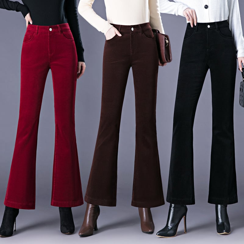 Ženske hlače s visokim pojasom od korduroja, debeli materijal, bootcut kroj, jesen-zima, korejski stil