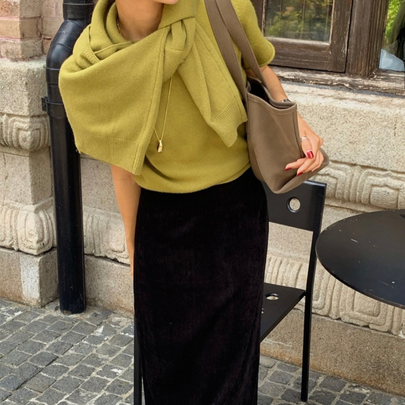 Korejski chic jesensko-zimski trodjelni set: šal, pleteni top s kratkim rukavima i kardigan