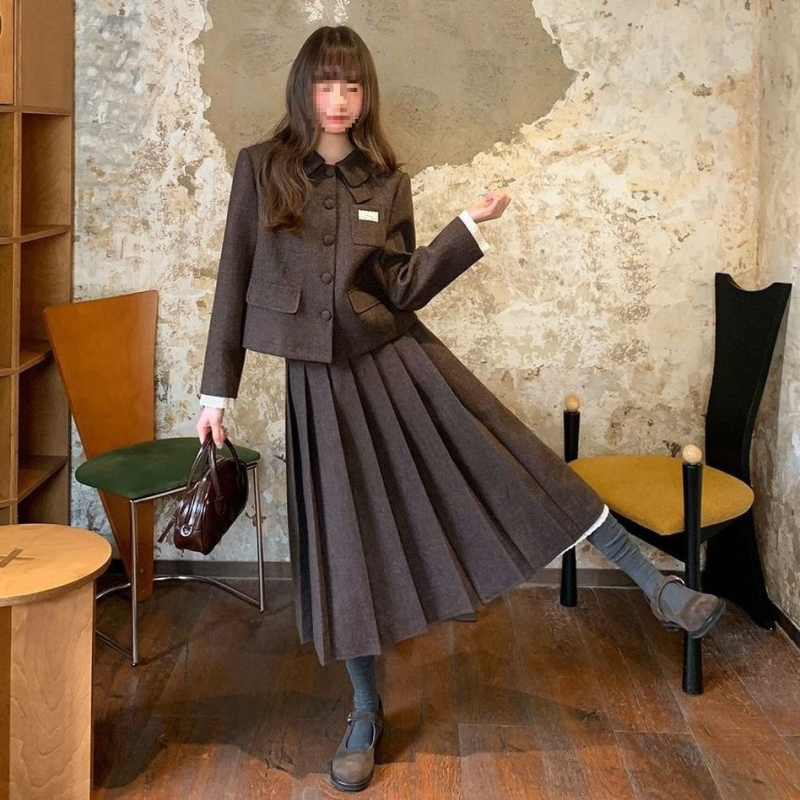 Ženski dvodijelni set: vuneni kaput i midi suknja, korejski stil, jesenja kolekcija