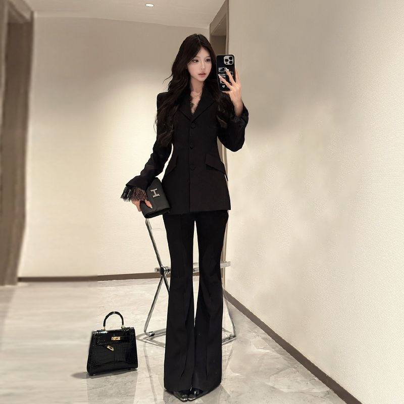Manxuan crni sako s čipkastim umetkom, dugi rukavi, ženski dvodijelni set s hlačama, jesen-zima, elegantan ležerni stil
