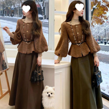 J7H luksuzni elegantni ženski dvodijelni kostim – zima 2025, francuski retro stil, vrhunska kvaliteta, sako s pojasom i midi suknja