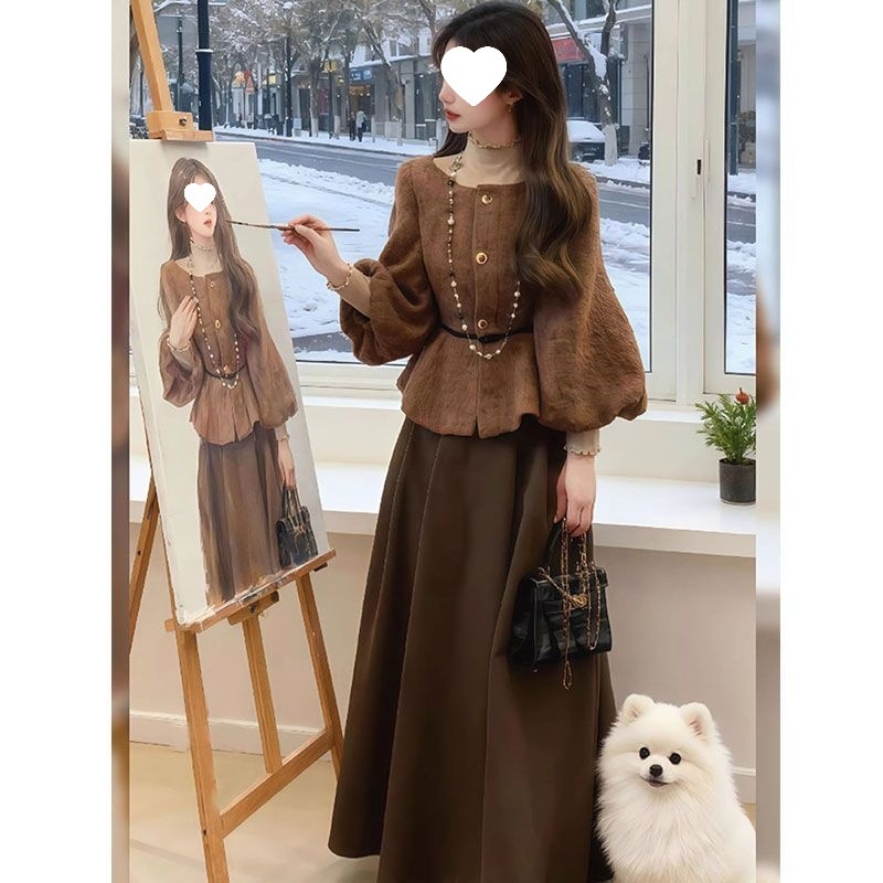 J7H luksuzni elegantni ženski dvodijelni kostim – zima 2025, francuski retro stil, vrhunska kvaliteta, sako s pojasom i midi suknja