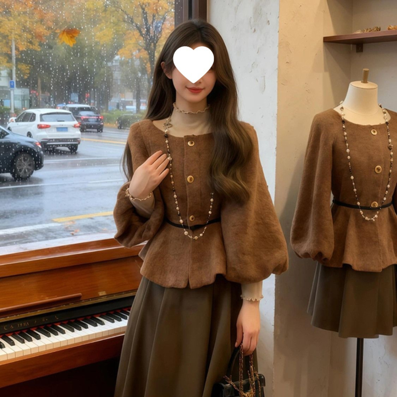 J7H luksuzni elegantni ženski dvodijelni kostim – zima 2025, francuski retro stil, vrhunska kvaliteta, sako s pojasom i midi suknja