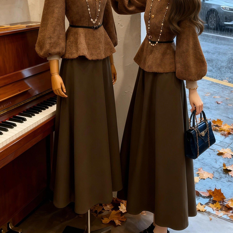 J7H luksuzni elegantni ženski dvodijelni kostim – zima 2025, francuski retro stil, vrhunska kvaliteta, sako s pojasom i midi suknja