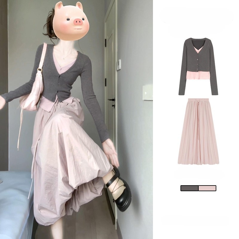 Dvije dijelni set: duga balon suknja za žene, vitka silueta, jesenski stil