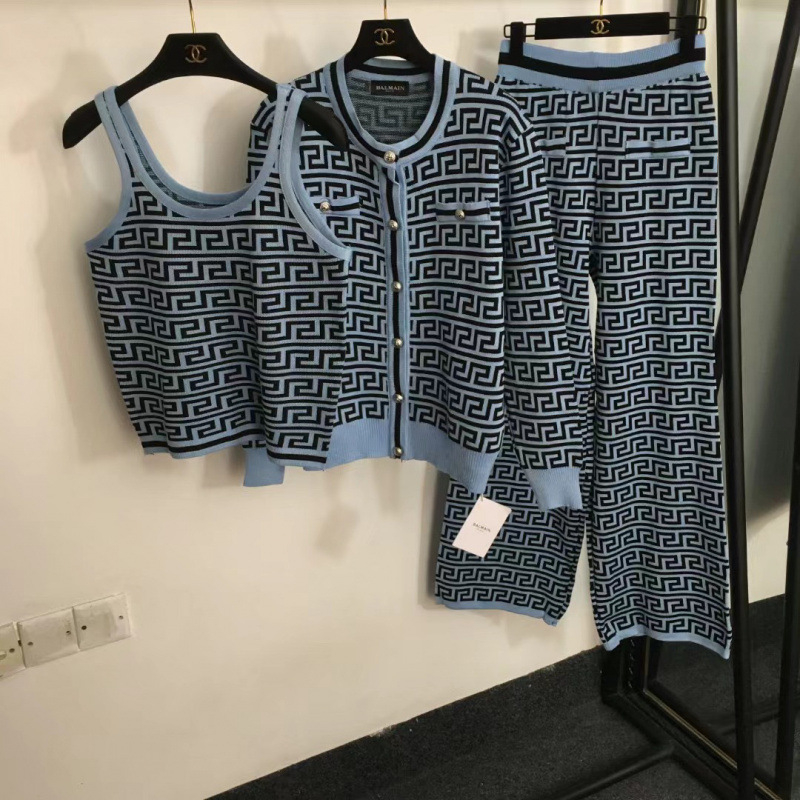 Ženski jesensko-zimski jacquard pleteni set: kardigan, jakna i prsluk, visokim strukom, vitka silueta, široke ravne hlače
