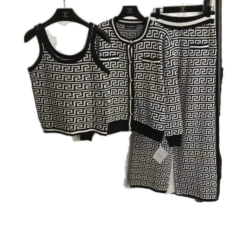 Ženski jesensko-zimski jacquard pleteni set: kardigan, jakna i prsluk, visokim strukom, vitka silueta, široke ravne hlače