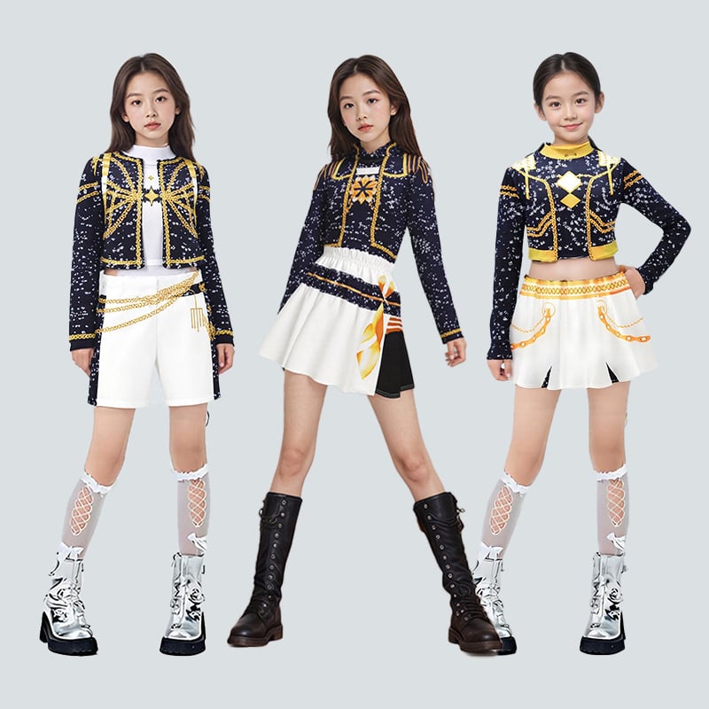 K-Pop lovkinje vještice cosplay kostim – crno-zlatni scenski kostim za korejsku djecu, Rumi Zoy Mirah