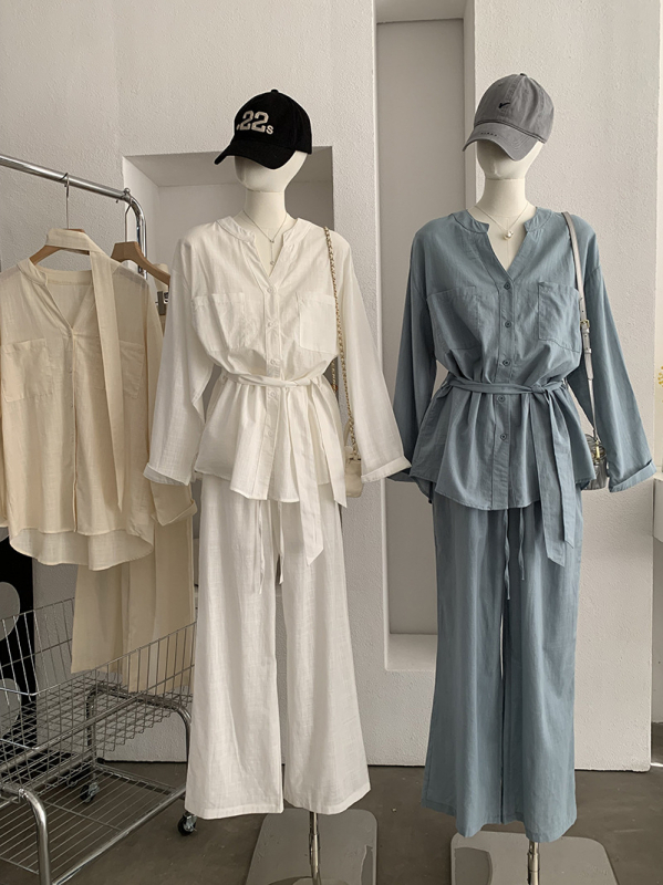 Omalai Old Money stil – proljetna moda: košulja s V-dekolteom, jednofarbeni top uz pojas u struku, dugi rukavi i dugi hlače, dvodijelni set 6127
