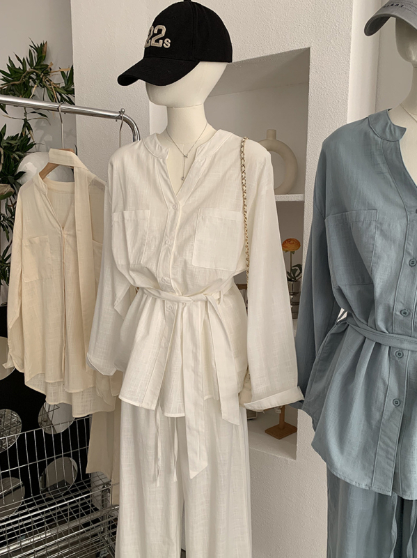 Omalai Old Money stil – proljetna moda: košulja s V-dekolteom, jednofarbeni top uz pojas u struku, dugi rukavi i dugi hlače, dvodijelni set 6127