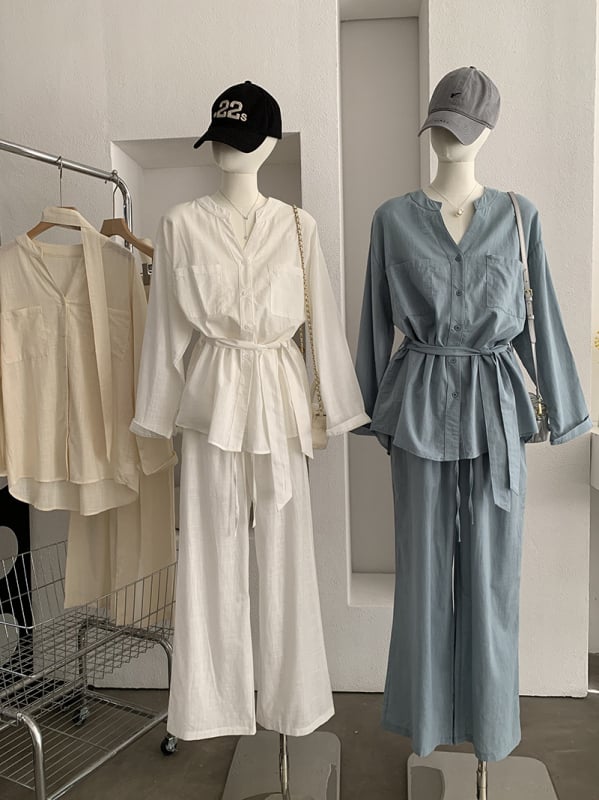 Omalai Old Money stil – proljetna moda: košulja s V-dekolteom, jednofarbeni top uz pojas u struku, dugi rukavi i dugi hlače, dvodijelni set 6127